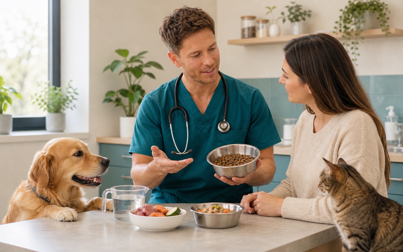 Un vétérinaire compare différentes portions alimentaires pour chien et chat.