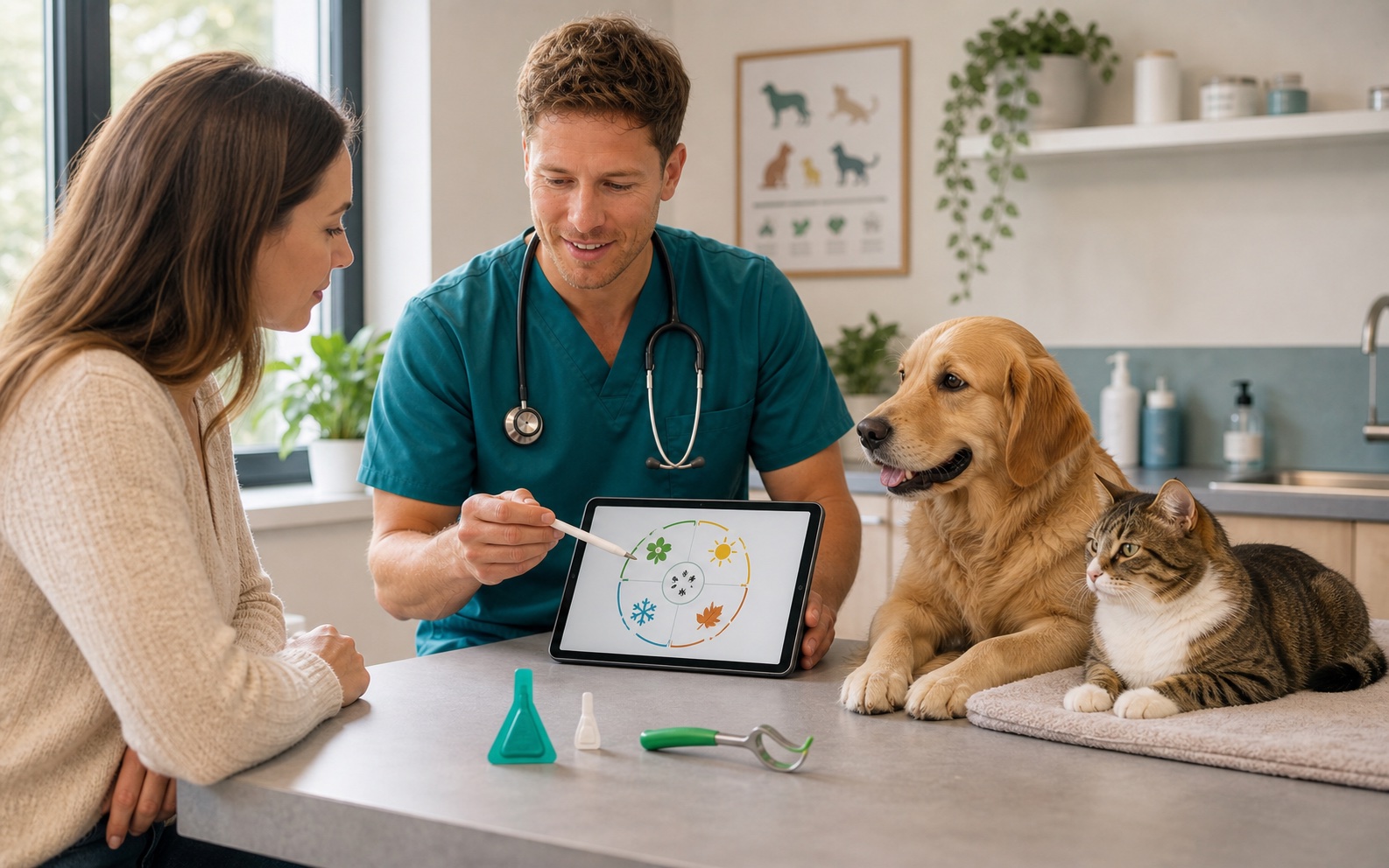 Un vétérinaire présente un plan de prévention saisonnière pour chien et chat.
