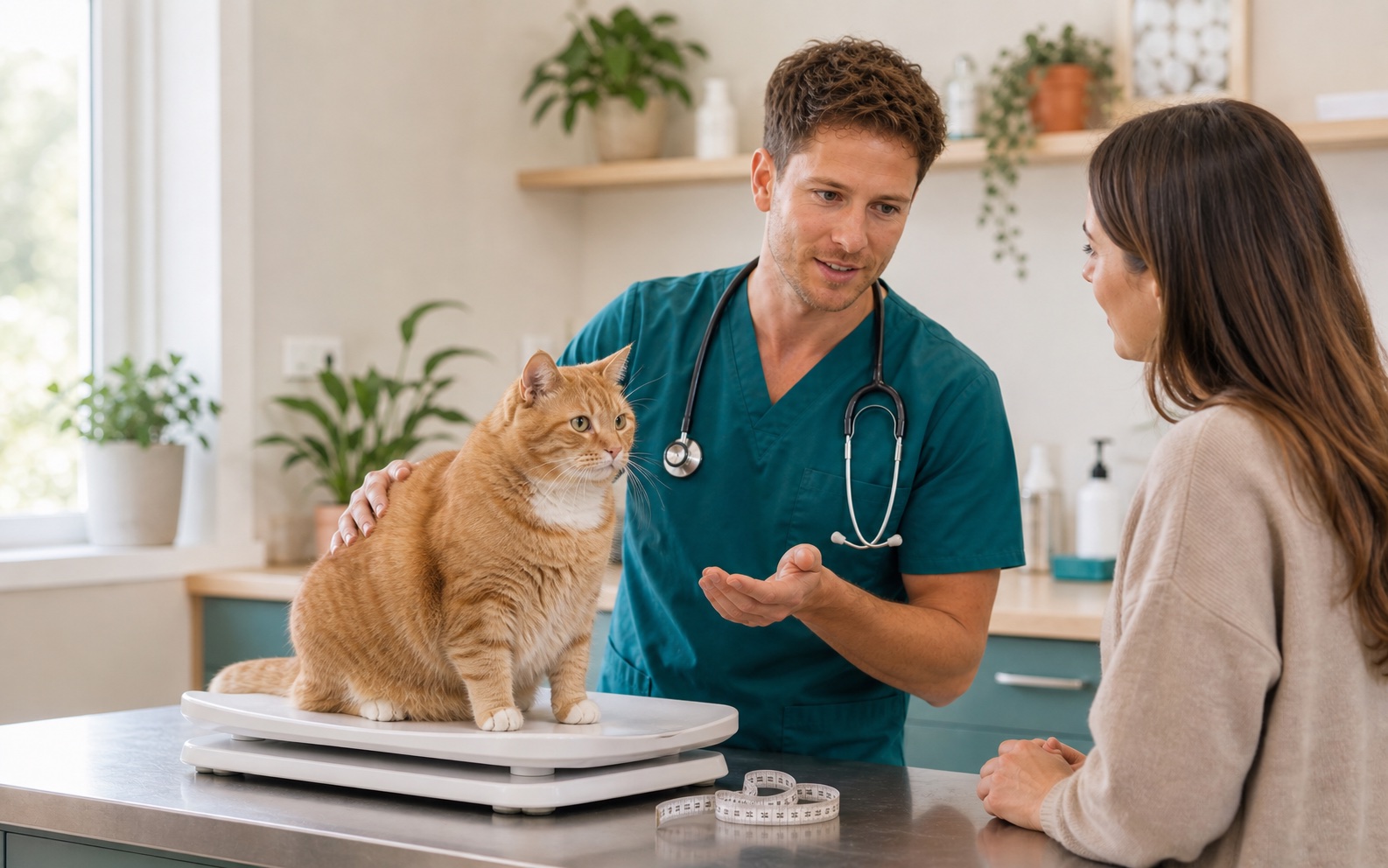 Un vétérinaire pèse un chat en consultation pour évaluer sa condition corporelle.